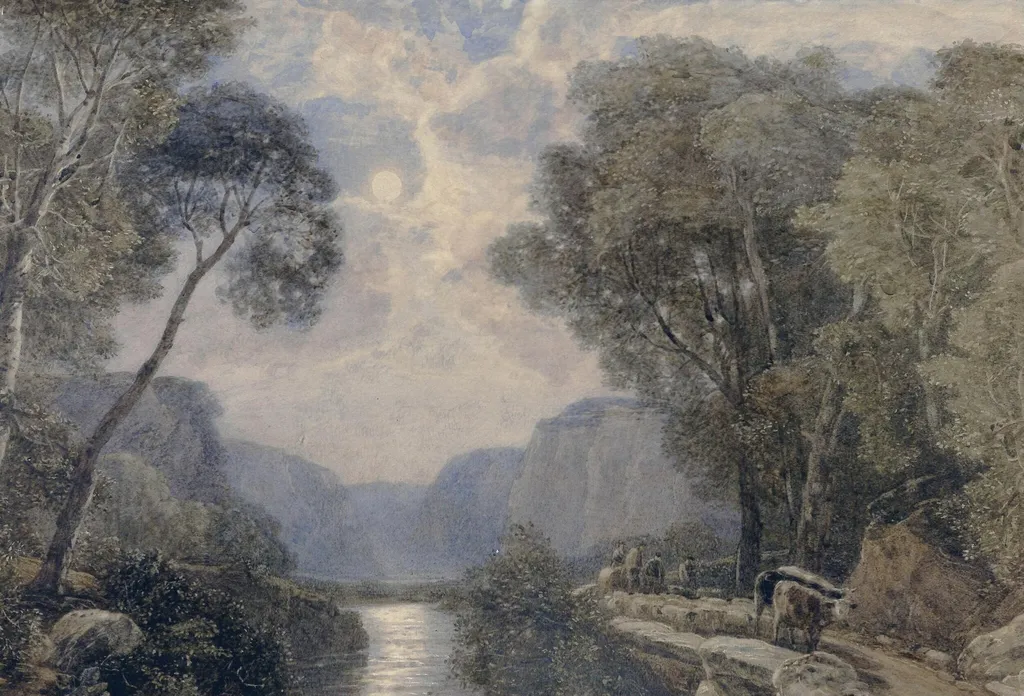 Landscape with River: Moonlight, by Francis Oliver Finch, watercolor, 1825