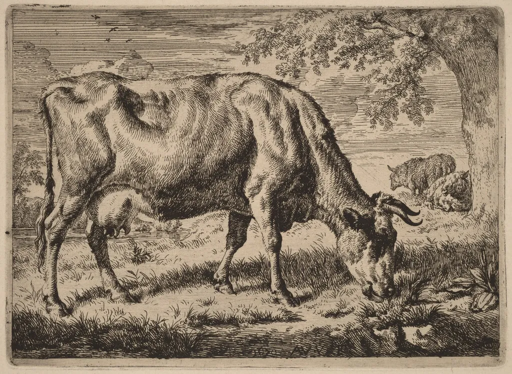 Grazing Cow with Two Sheep, by Adriaen van de Velde, ink, 1670