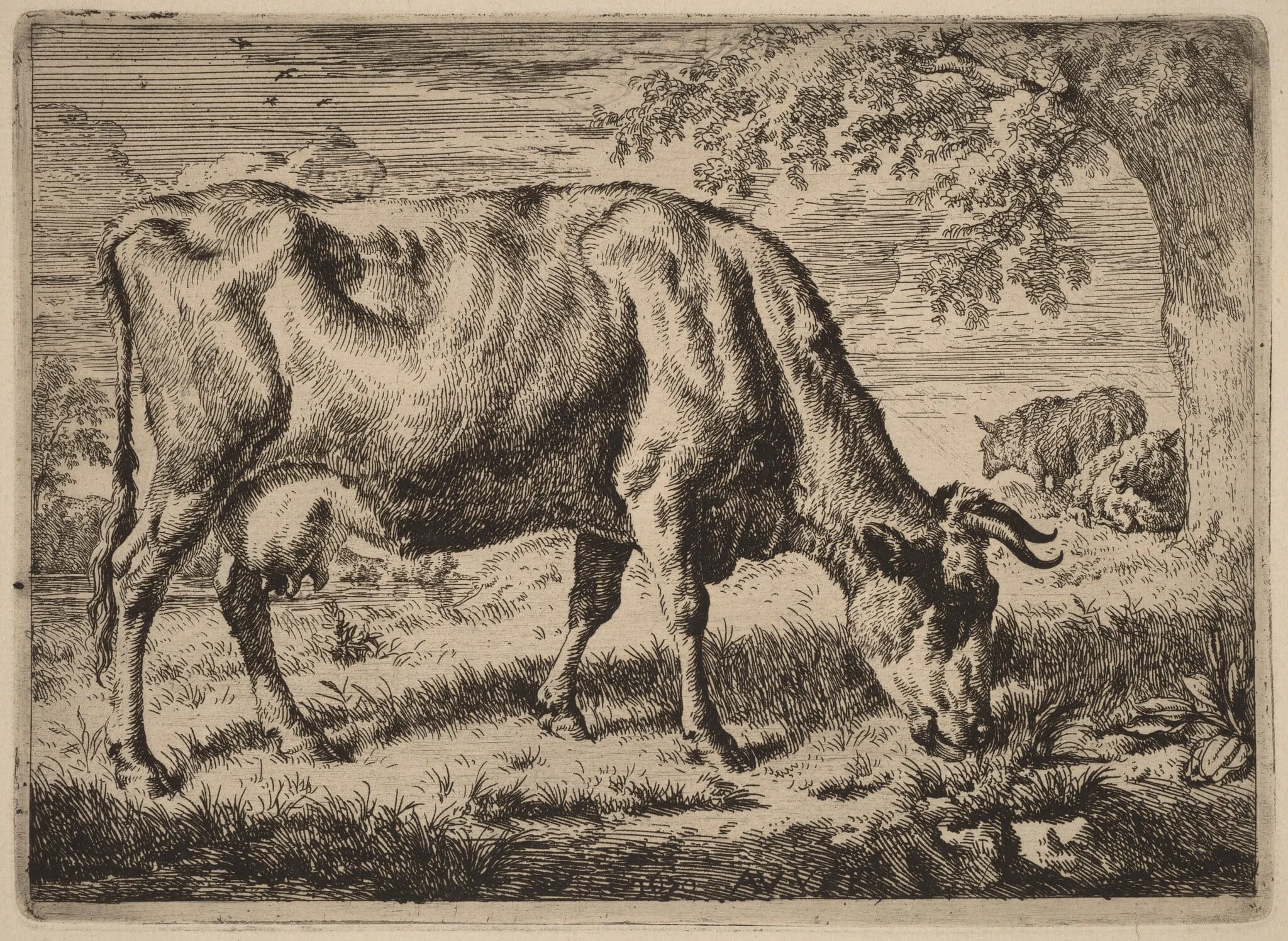 Grazing Cow with Two Sheep, detail