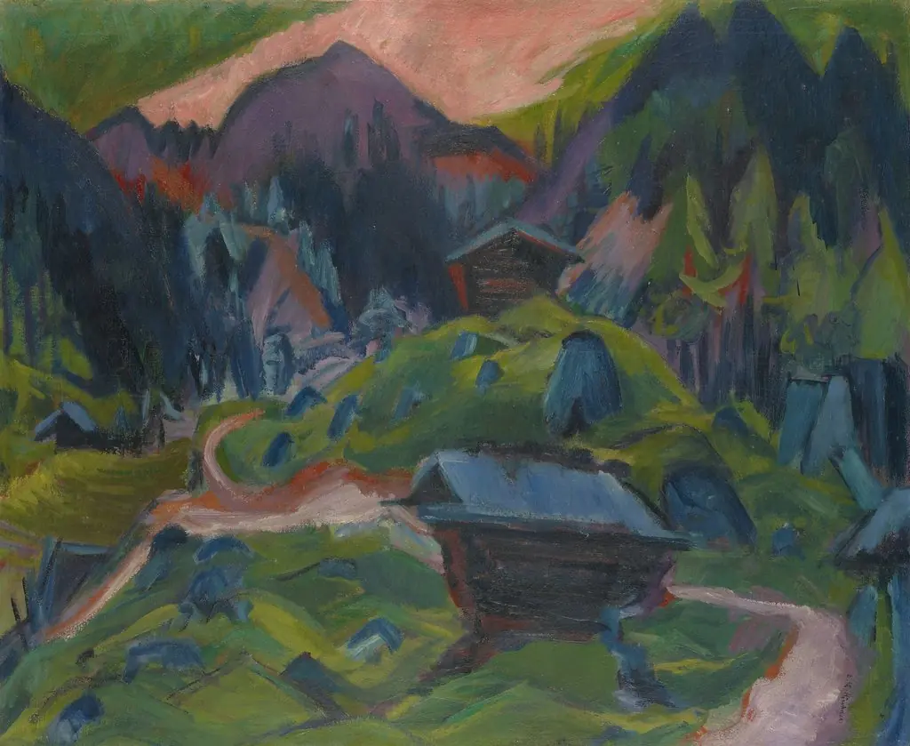 Kummeralp Mountain and Two Sheds, by Ernst Ludwig Kirchner, unspecified, 1920