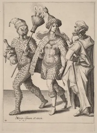 An Old Mummer Addressing a Couple Dressed in Feathers, by Zacharias Dolendo, ink, 1596