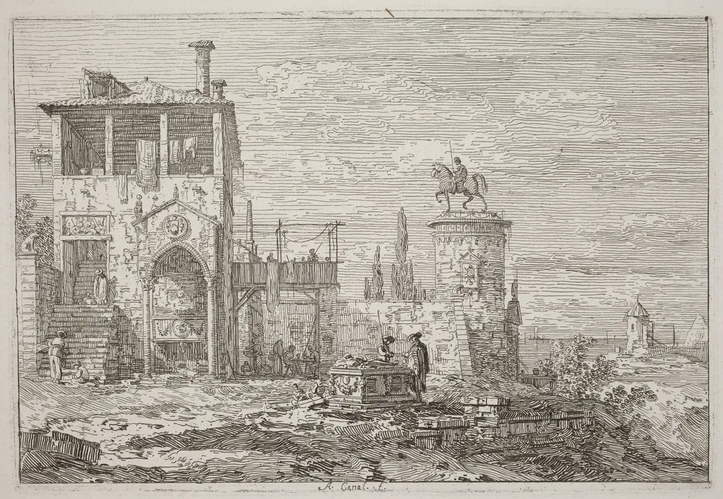 The Equestrian Monument [upper right], by Canaletto, ink, 1740