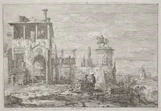 The Equestrian Monument [upper right], by Canaletto, ink, 1740