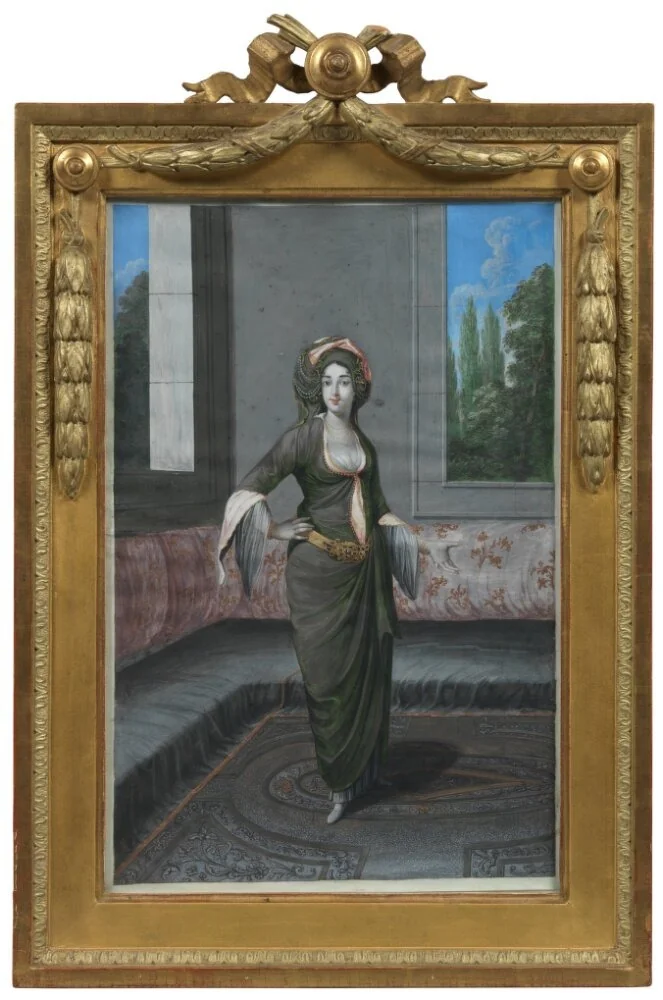 Turkiska sultanan, stående helfigur i interiör, detail