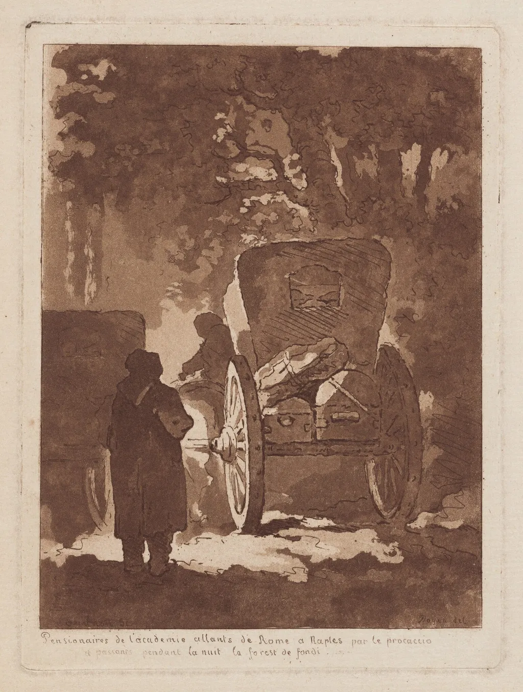 Pensionnaires de l’Académie allants de Rome à Naples par le procaccio et passants pendant la nuit la forest de fondi (Pensionnaires from the French Academy Going from Rome to Naples by Carriage and Passing through a Forest in Fondi during the Night), by Jean-Claude-Richard, Abbé de Saint-Non, ink, 1769