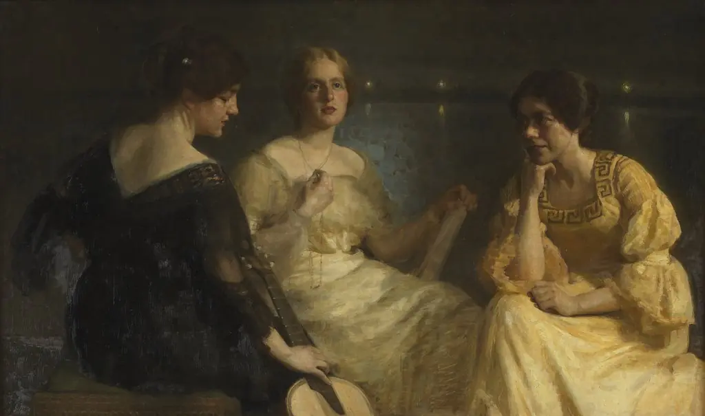 Unge kvinder. Fra venstre: Karen Bramsen; kunstnerens hustru Esther, f. Lange; Johanne Munch-Petersen., by Julius Paulsen, oil, 1904