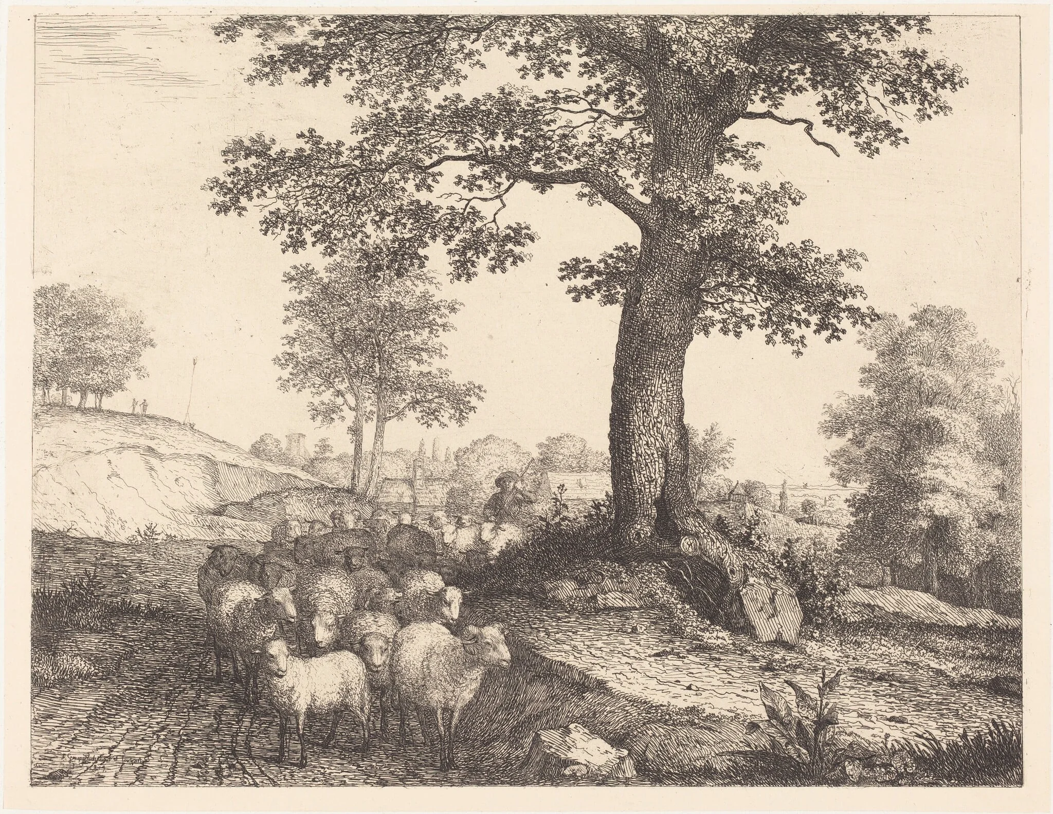 Shepherd and Flock under an Ancient Tree, detail