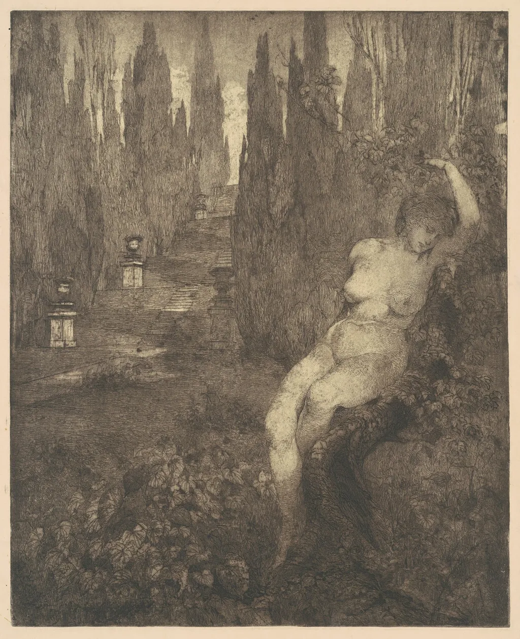 Donna ignuda addormentata nel parco [Naked Woman Asleep in the Park], by Carlo Paolo Agazzi, ink, 1894