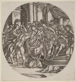 Beheading of Saint Catherine, by Domenico Campagnola, ink, 1517