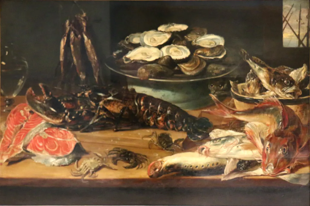 A still life with fish, such as a lobster, salmon and oysters, a cat luring in the background, by Frans Snyders, oil, 1611