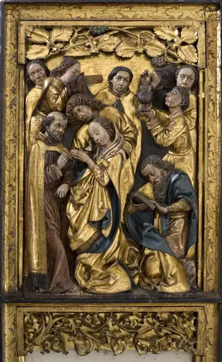 Death of Mary, space remaining after the lost relief: Mary Returns to Sleeping St Theophilus of Adana a Pact Signed at the Instigation of the Devil (carved obverse); Christ before Caiaphas, Carrying t