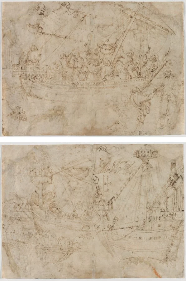 Navicella (recto); Two Drawings of Ships (verso), detail