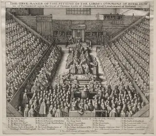 Westminster Hall, Interior, with The Trial of the Earl of Strafford, by Wenceslaus Hollar, 1641