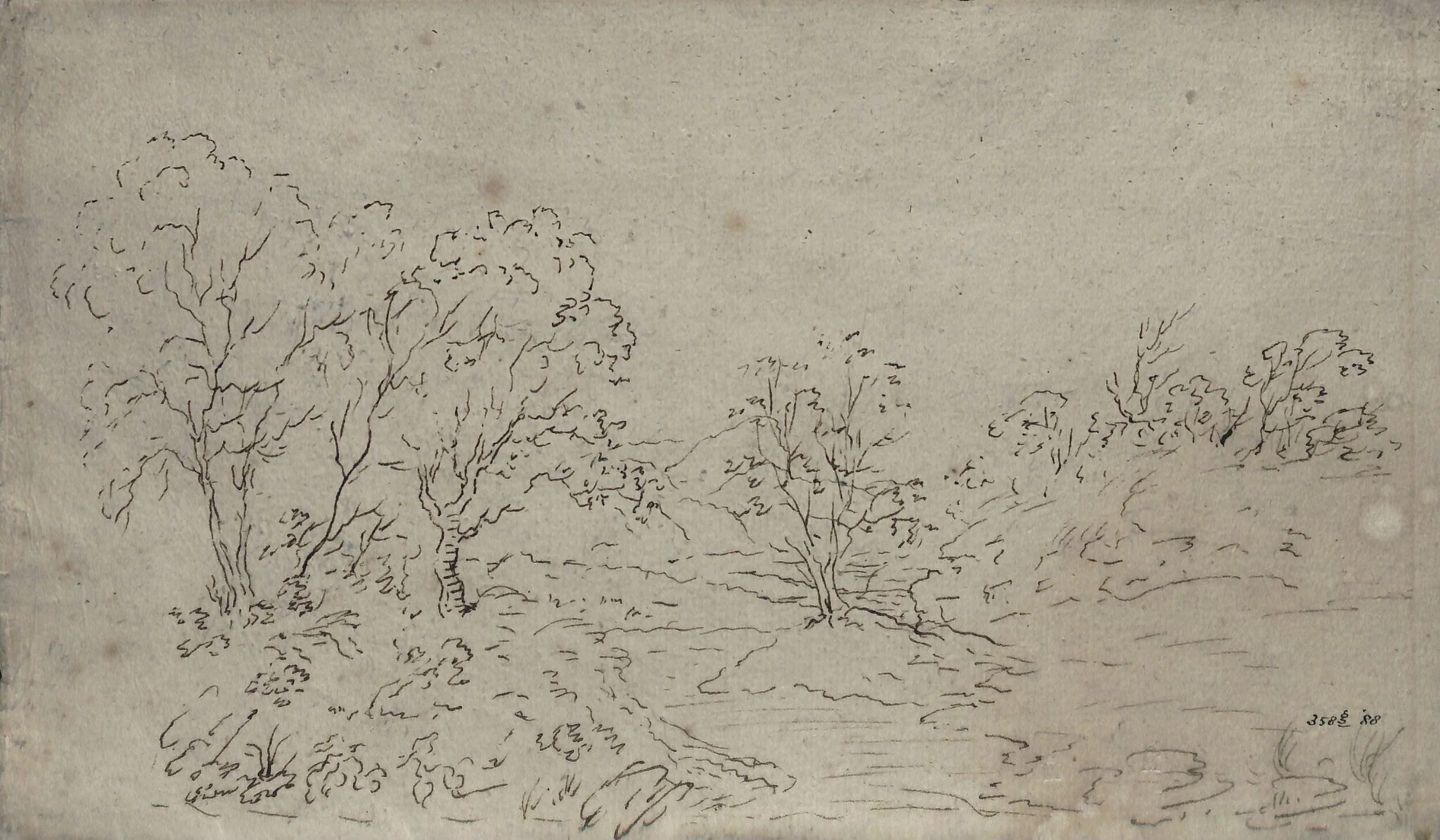 Landscape: a stream running between trees, detail