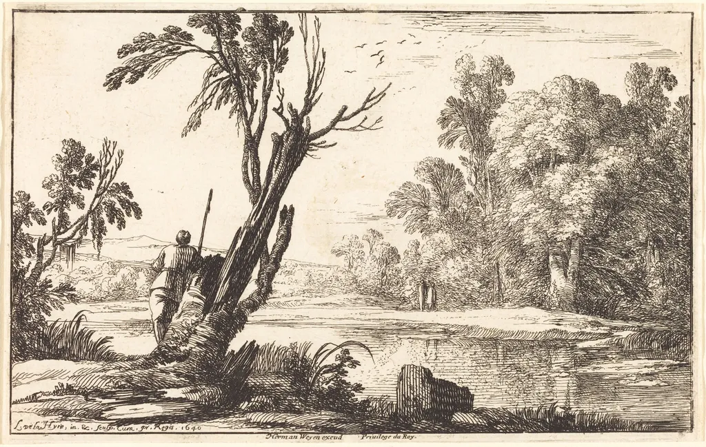 A Man Gazing across a Still Pond, by Laurent de La Hyre, ink, 1640