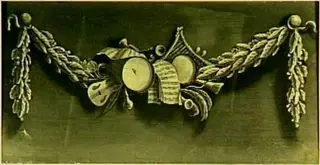 Decoratiestuk met een guirlande van muziekinstrumenten en bladmuziek