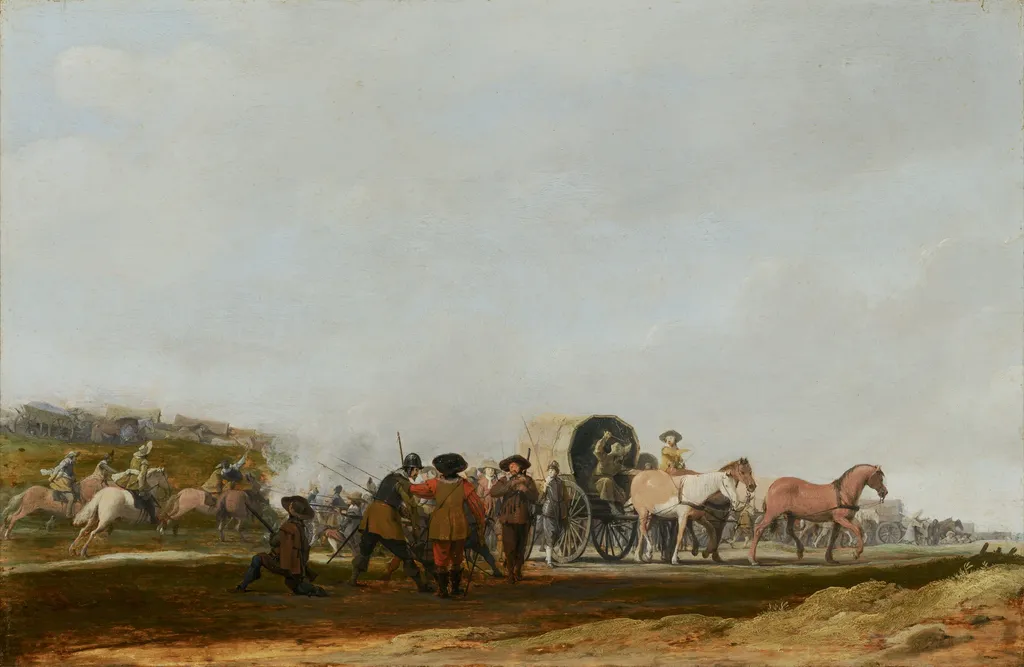 Ambushing an Army Convoy, by Pieter Post, oil, 1631