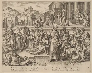 Saint Peter Healing the Sick with His Shadow, by Philip Galle, ink, 1574