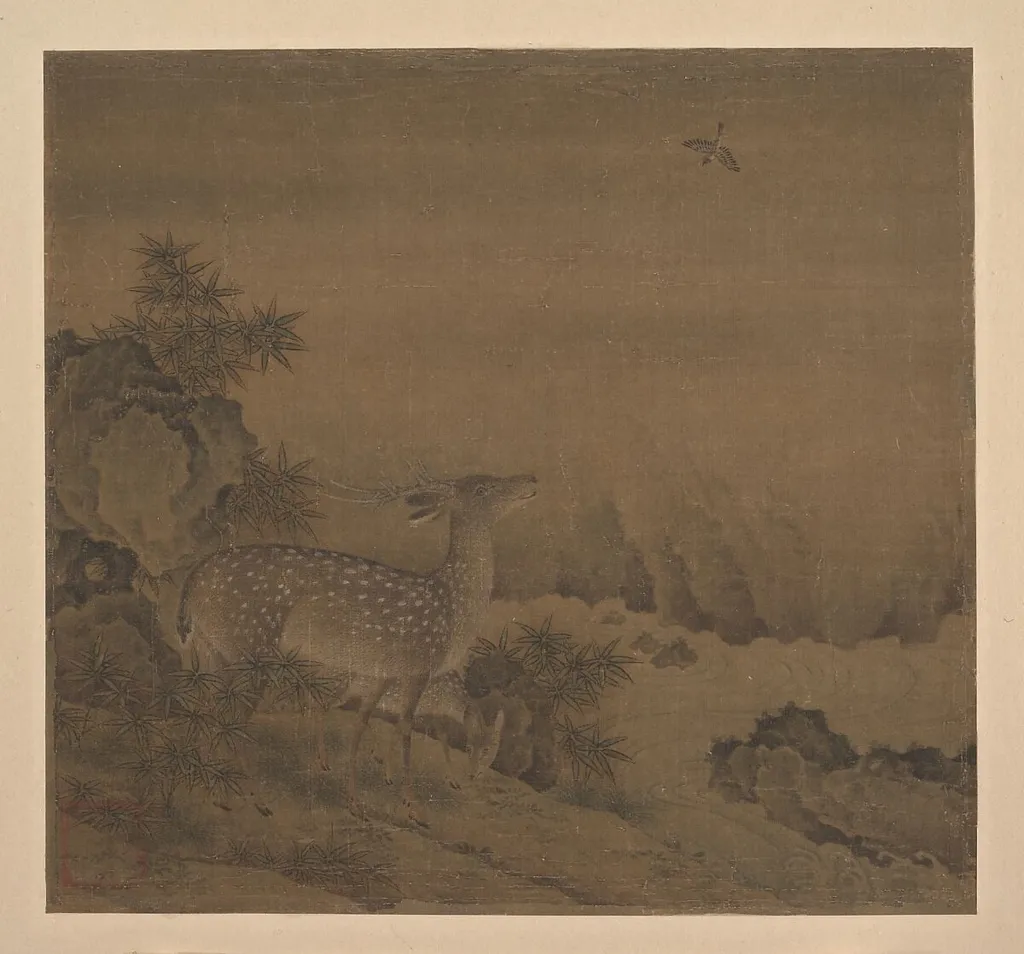 明 佚名 溪鹿圖 冊頁|Deer by a Pine Stream, ink, 1416