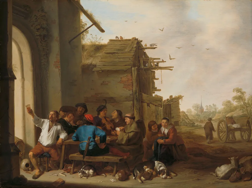 Figures before a Village Inn, by Cornelis Saftleven, oil, 1642