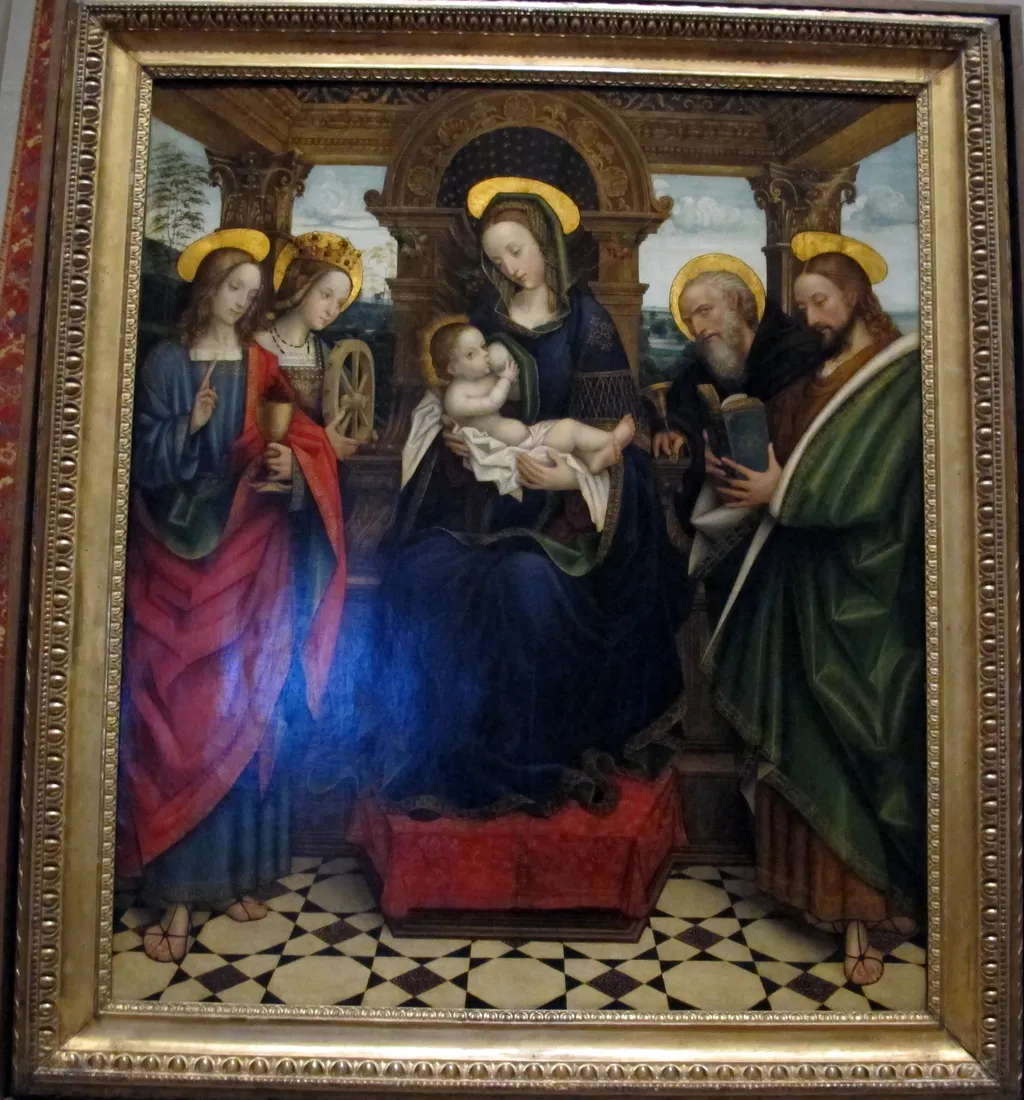 Enthroned Virgin and Child, with Saints John the Evangelist, Catherine of Alexandria, and Anthony Abbot, and a Saint Reading a Book, by Defendente Ferrari, unspecified, 1525