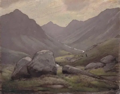 View up to Bow Fell from Eskdale, by Delmar Harmwood Banner