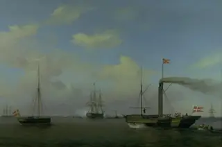 Den danske eskadre til ankers på Warnemünde rhed. Deres kongelige højheder kronprinsen og kronprinsessen ankommer på dampskibet "Kiel" til eskadren, og orlogsskibet "Christian den Ottende" begynder at salutere