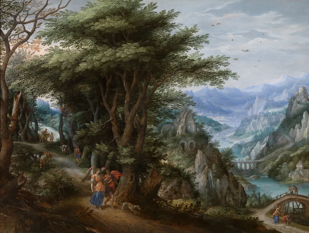 Landscape with Tobias and the Archangel Raphael, by Denis van Alsloot, oil, 1610
