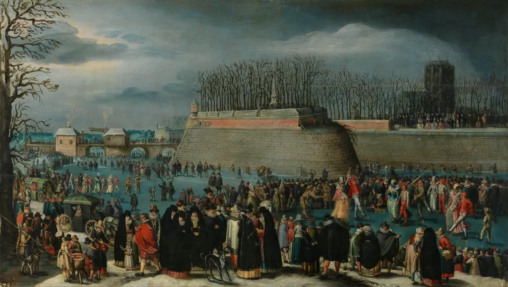 Skating Masquerade, or Carnival on Ice at the Kipdorppoort Moats in Antwerp, by Denis van Alsloot, oil, 1620