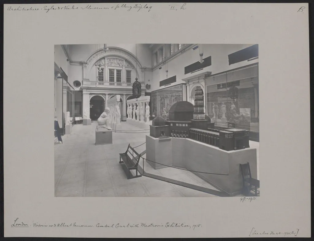 Photograph, Victoria and Albert Museum, Central Court (Gallery 43) showing Ivan Meštrović sculpture exhibition, gelatin silver print, 1915, by Department of Science and Art of the Committee of Council on Education, photographic, 1915