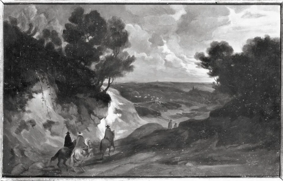 Landscape with hollow path and three riders (copy after), detail