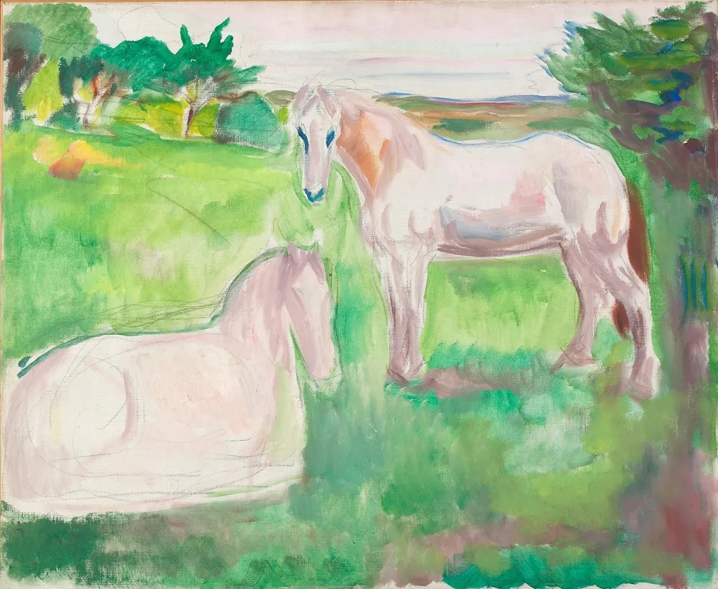 Two White Horses in a Green Meadow, by Edvard Munch, oil, 1917