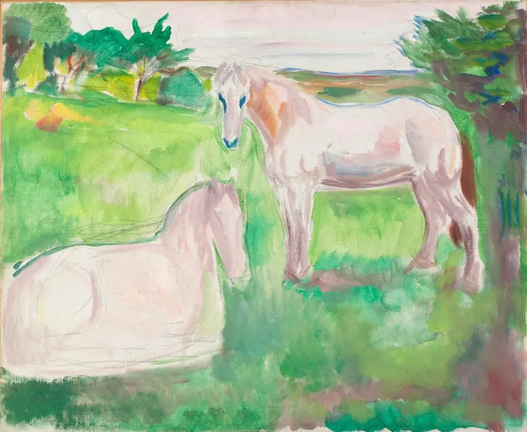 Two White Horses in a Green Meadow, by Edvard Munch, oil, 1917