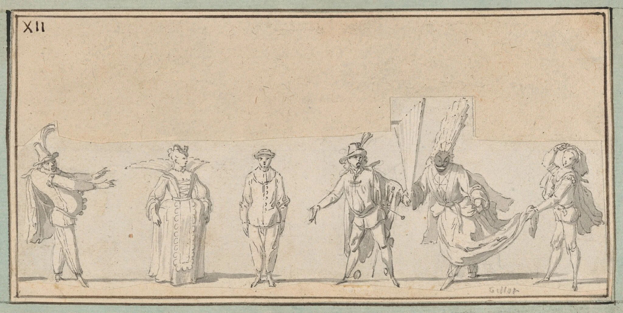 Six Studies of Commedia dell'Arte Actors: Polchinelle, Columbine, Pierrot, a Captain, Harlequin "en femme," and Scaramouche, detail