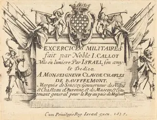Title Page for "The Military Exercises", by Jacques Callot, ink, 1634