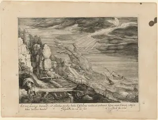 Seashore with HIgh Seas, a Ship, and the Prophet Elijah [God Helping the Israelites Fight the Moabites], by Magdalena van de Passe, ink, 1624