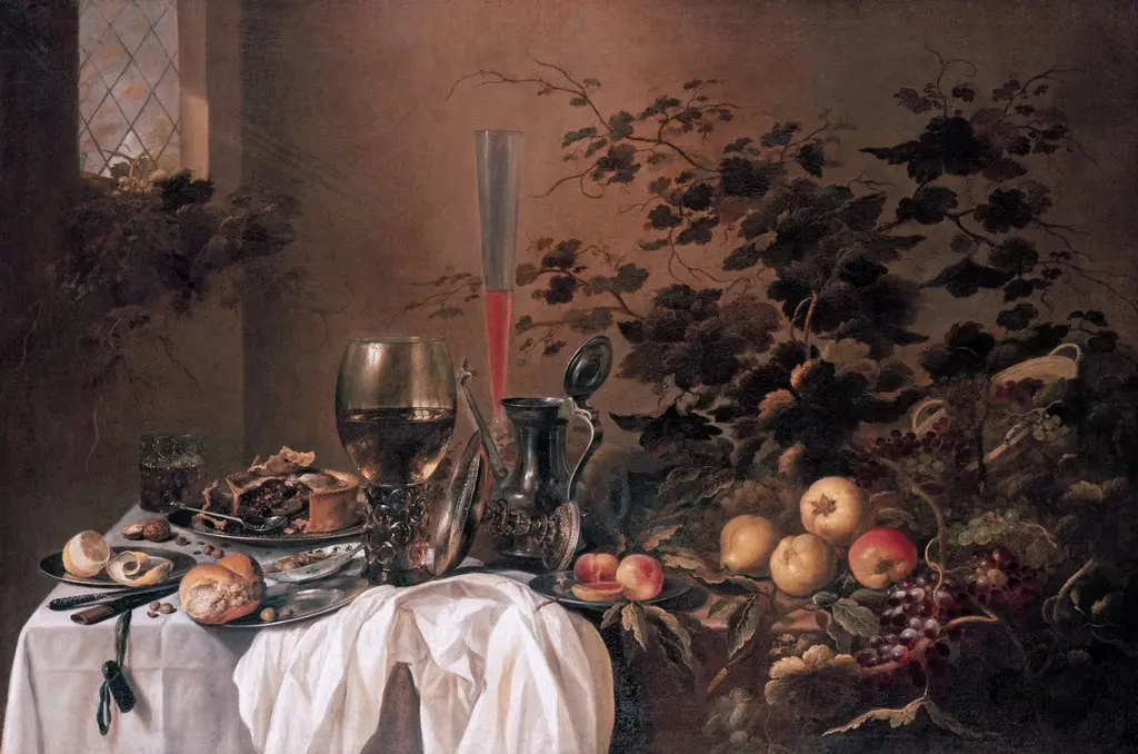 Still life with tumblers and fruit, by Pieter Claesz, paint, 1646