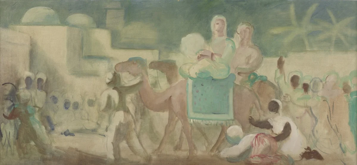 Menschen vor Stadt und zwei berittene Kamele, detail