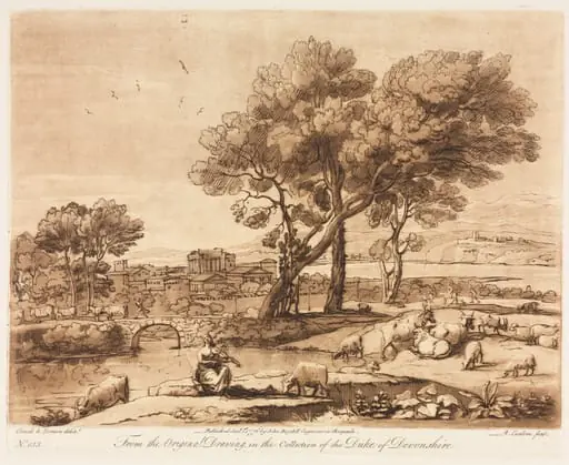 Liber Veritatis:  No. 135, A Landscape, with Buildings, Mercury Stealing Admetuss' Cattle from Apollo, by Richard Earlom, 1776