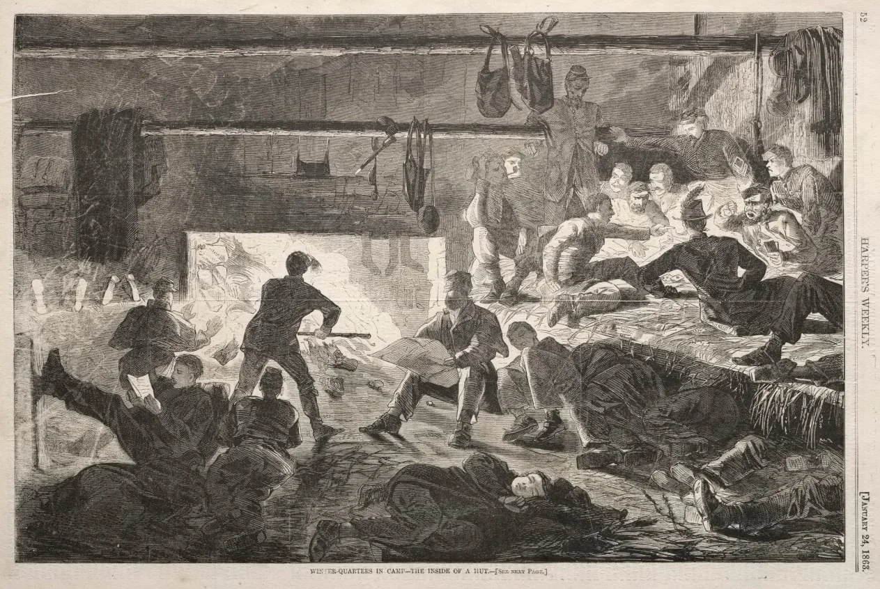 Winter Quarters in Camp - The Inside of a Hut, detail
