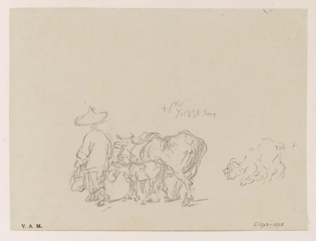 A figure leading a cow and calf, and a kneeling goat, by George Chinnery, 6