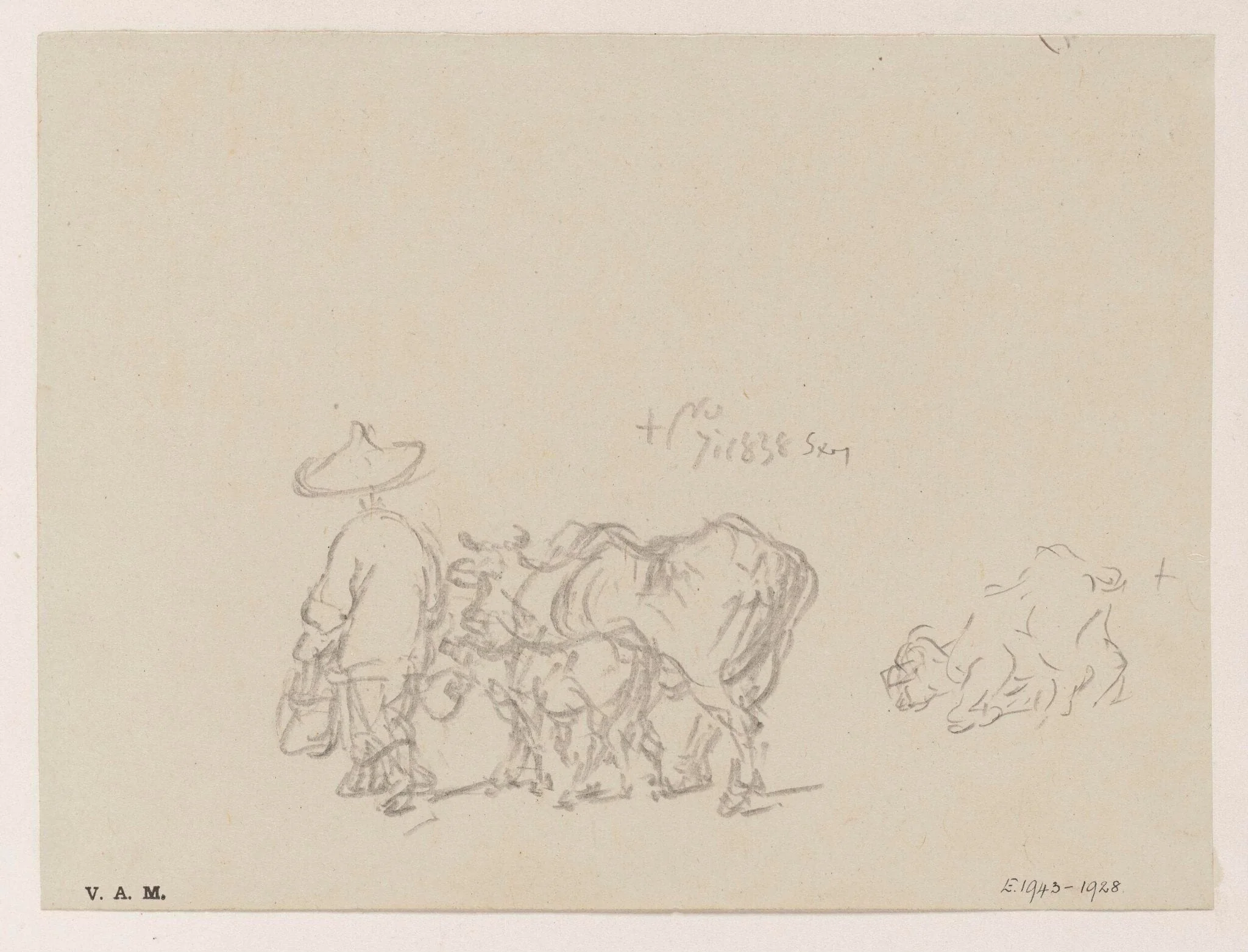 A figure leading a cow and calf, and a kneeling goat, detail