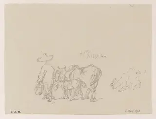 A figure leading a cow and calf, and a kneeling goat, by George Chinnery, 6