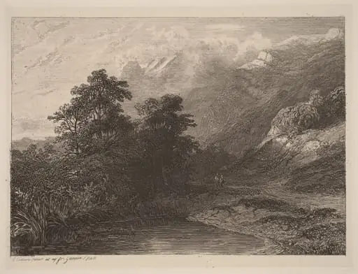 Mountain Lakeside, by Alexandre Calame, ink, 1840