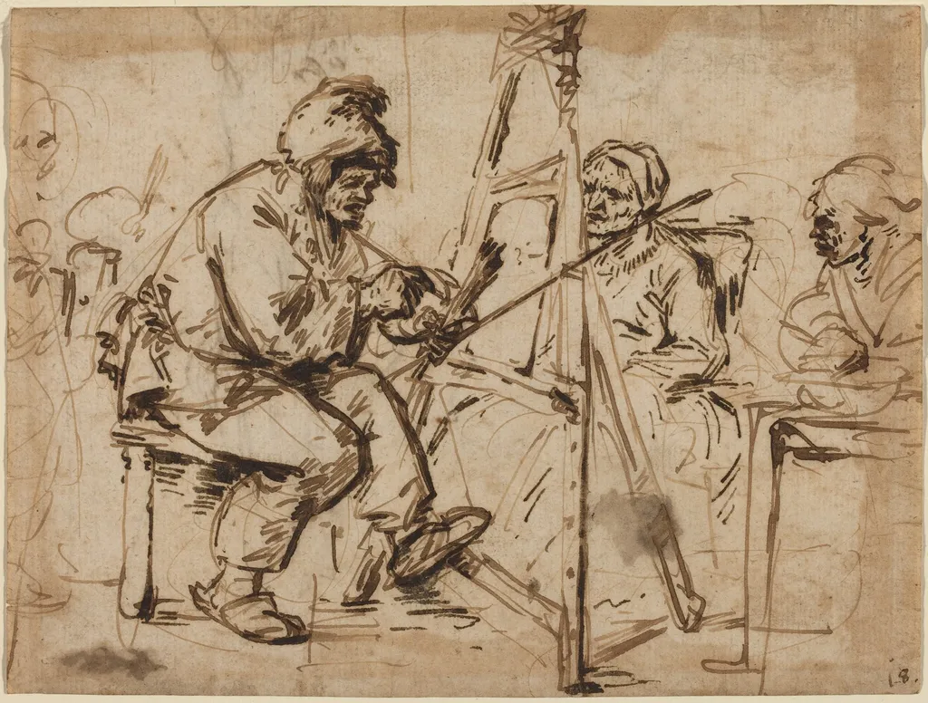 An Artist Seated at His Easel [recto], by Andries Both, ink, 1634