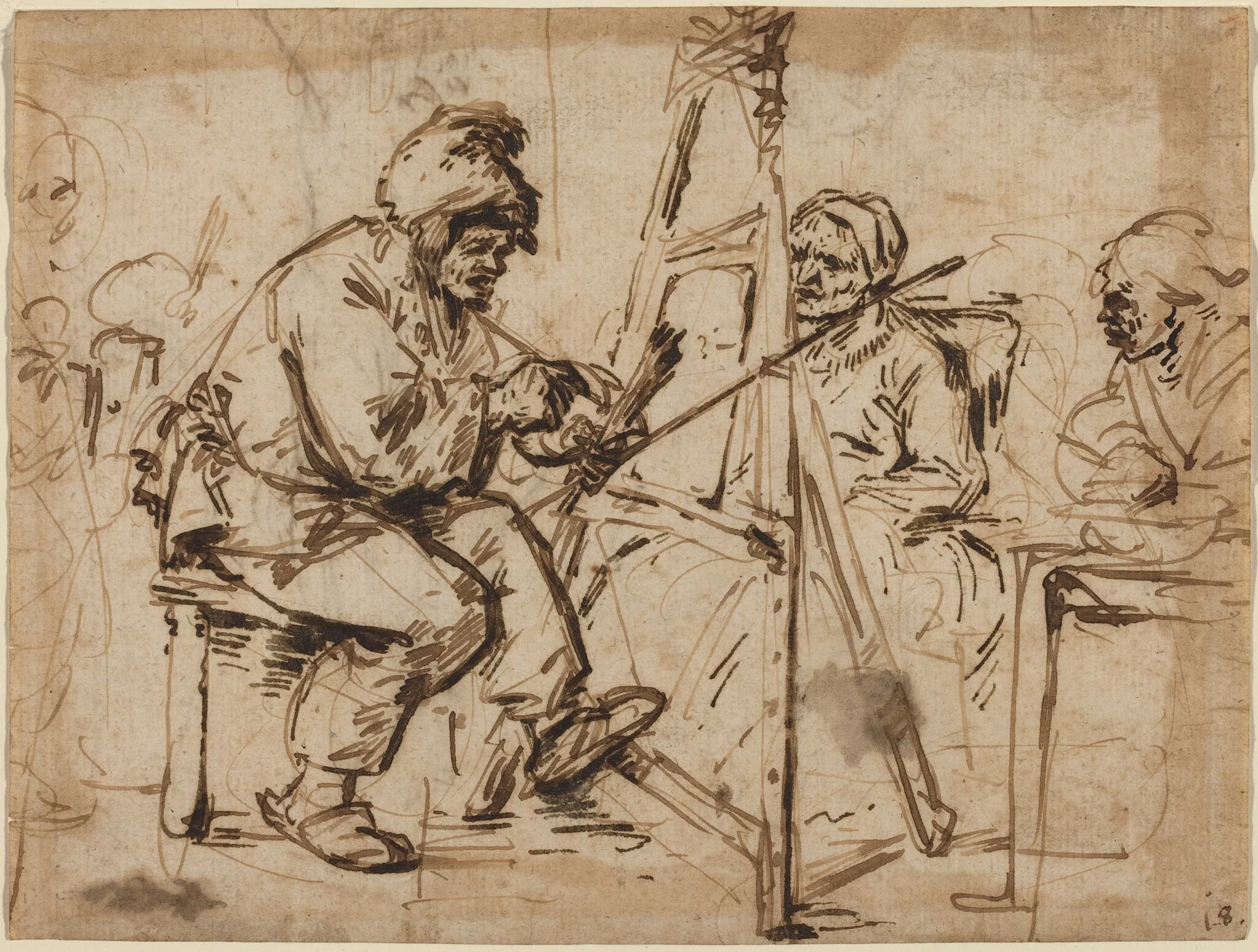 An Artist Seated at His Easel [recto], detail