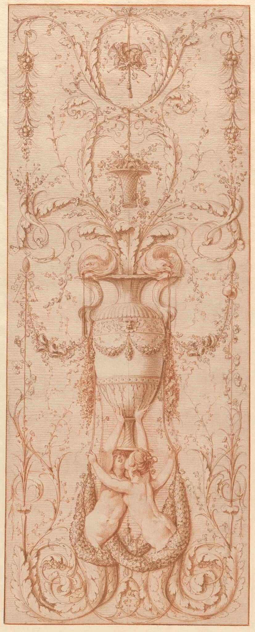 Design for a Decorative Panel with Two Sirens Holding a Vase Embellished with Dolphins and other Decorative Motifs, detail