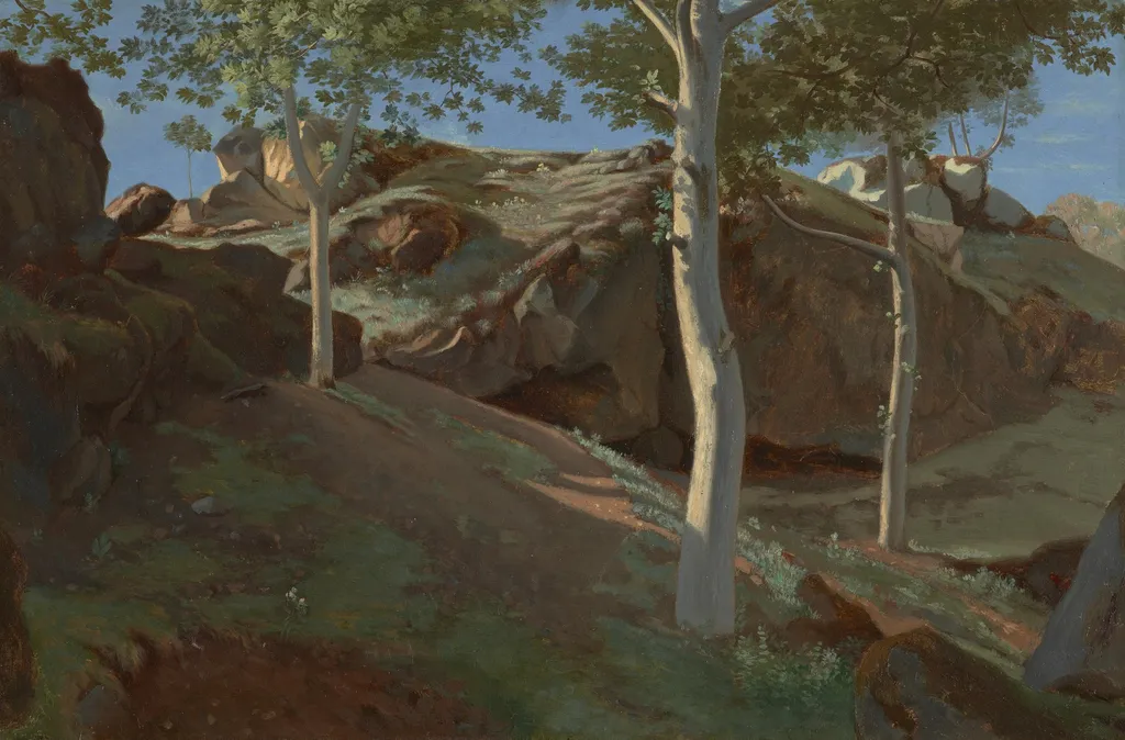 Birch Trees on a Rocky Incline: Fontainebleu, by Achille Etna Michallon, unspecified, 1821