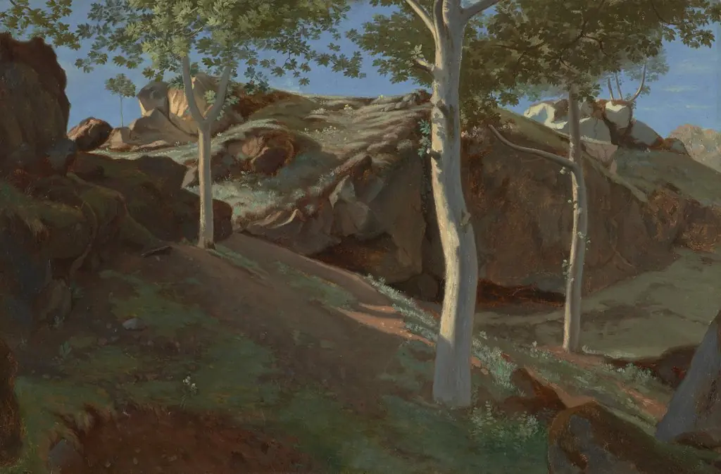 Birch Trees on a Rocky Incline: Fontainebleu, by Achille Etna Michallon, unspecified, 1821