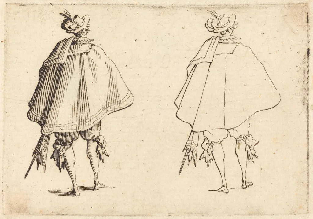 Gentleman in Large Mantle, Seen from Behind, by Jacques Callot, ink, 1617
